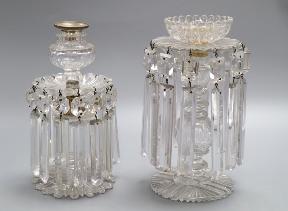 Two Regency cut glass table lustres, tallest 23cm